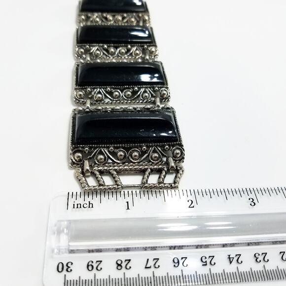 Vintage Selro Style Bracelet, Raised Lucite Black Panels, Chunky Wide - Picture 6 of 10